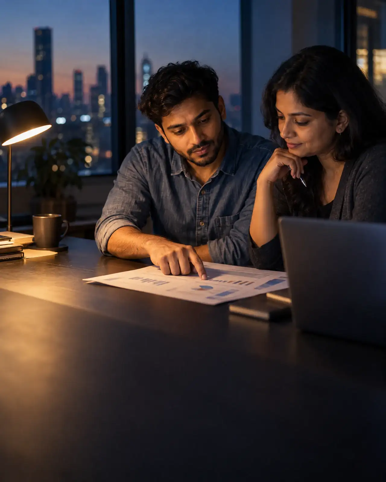 Two colleagues at a desk in the evening, going through printed results together under a desk lamp.