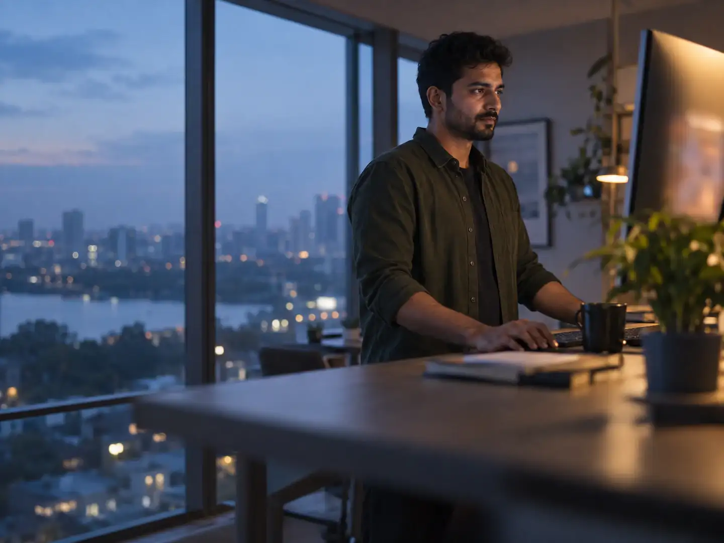 A software engineer at a standing desk in a studio at blue hour, working in front of a glowing monitor.