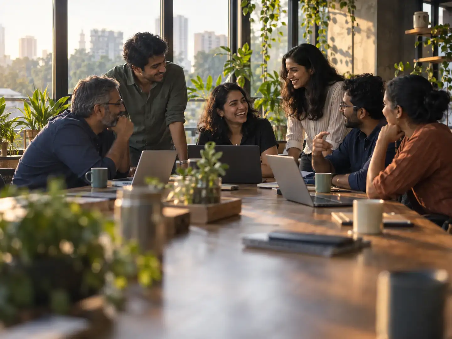 A small team around a long table in a bright office, laughing together in the middle of a conversation.